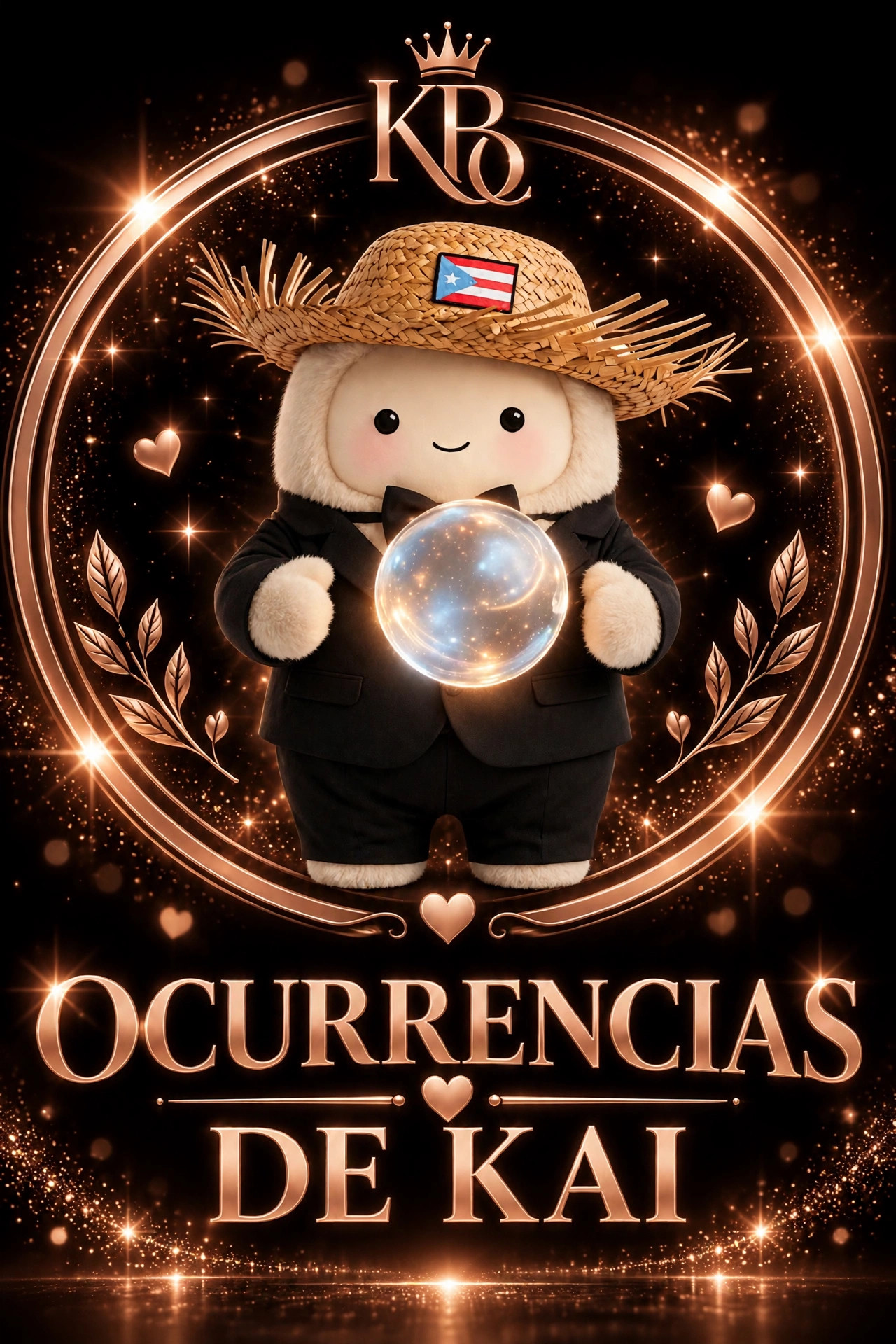 Kai, el peluchito clásico de Katty Beauty Co. con pava puertorriqueña, traje negro completo y corbatín