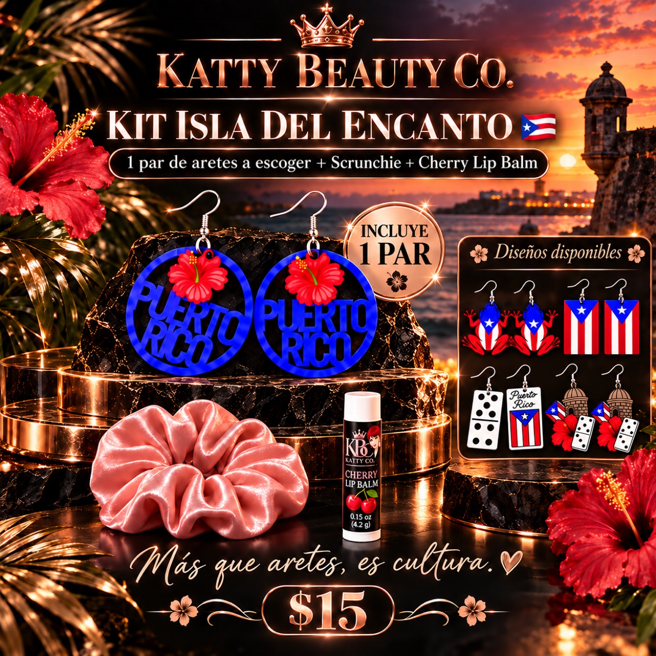 Kit Isla del Encanto de Katty Beauty Co. con un par de aretes a escoger, scrunchie y Cherry Lip Balm por 15 dólares