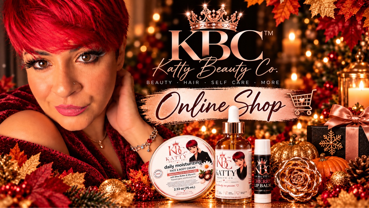 Katty Beauty Co. Online Shop: portada de otoño con Katty, crema hidratante, Scalp & Hair Oil y Cherry Lip Balm